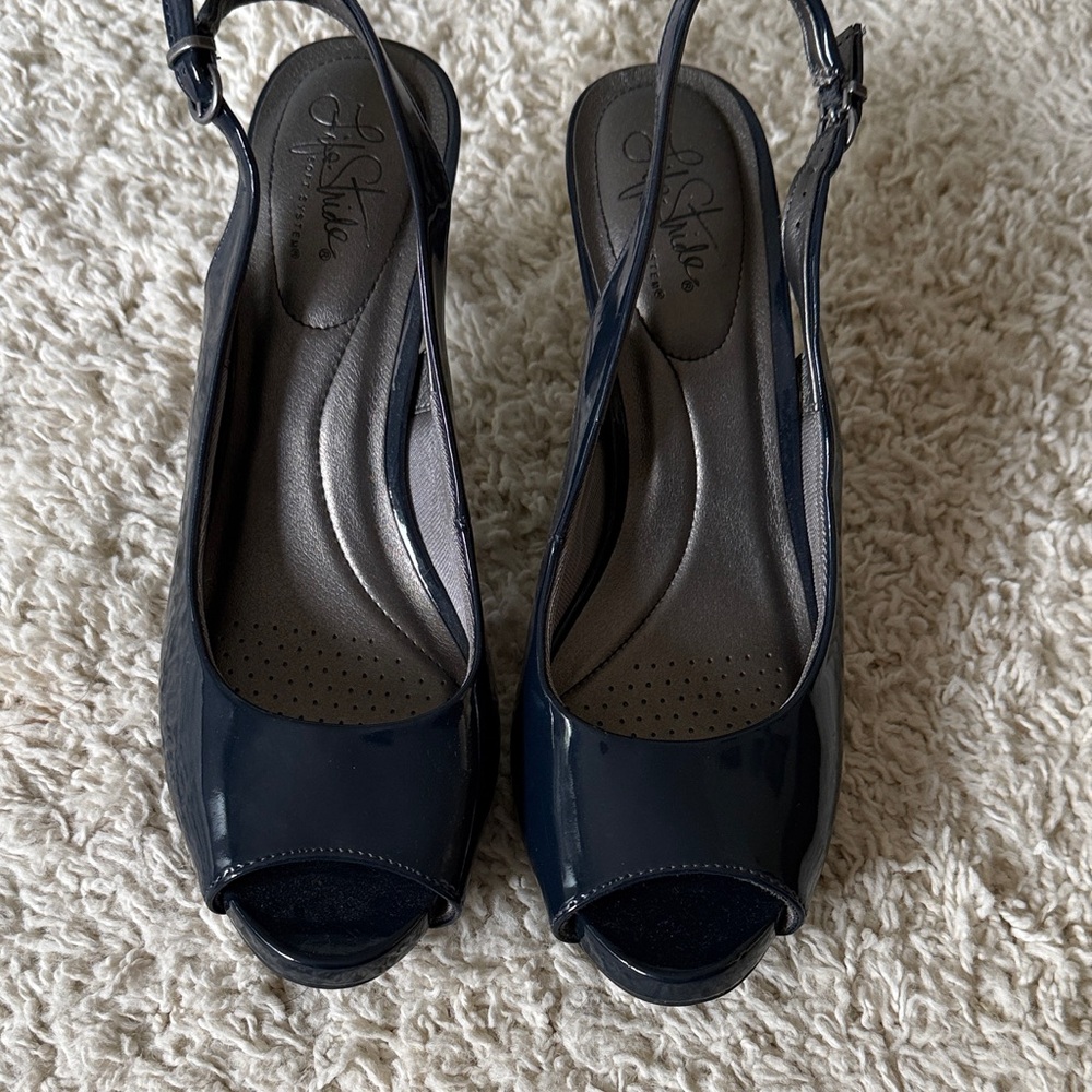 Life Stride Navy Patent Peep-Toe Slingback Heels